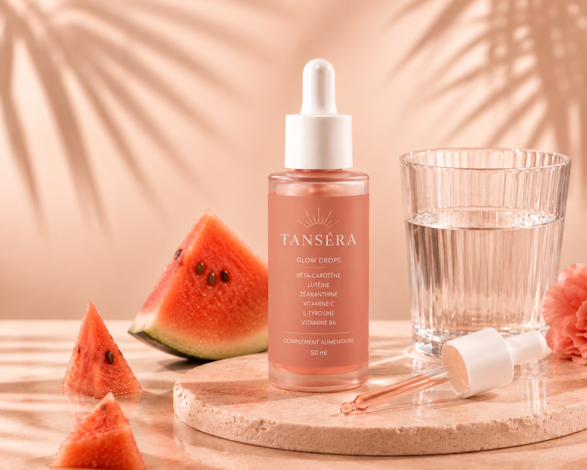 Produit Tanséra avec verre d'eau et pastèque